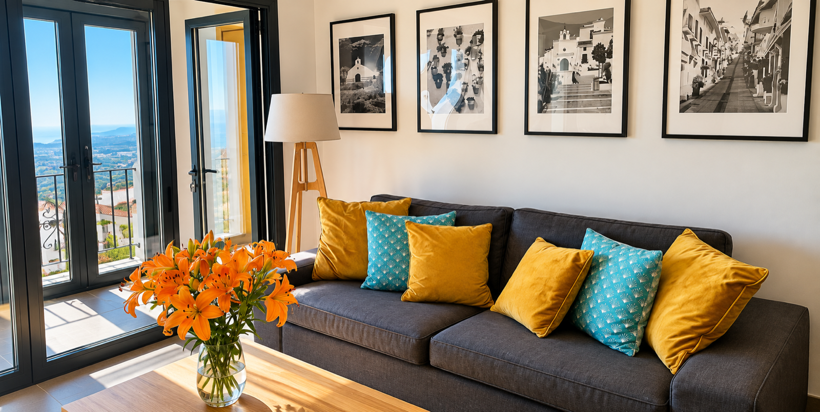 Sunlit living room with sea views